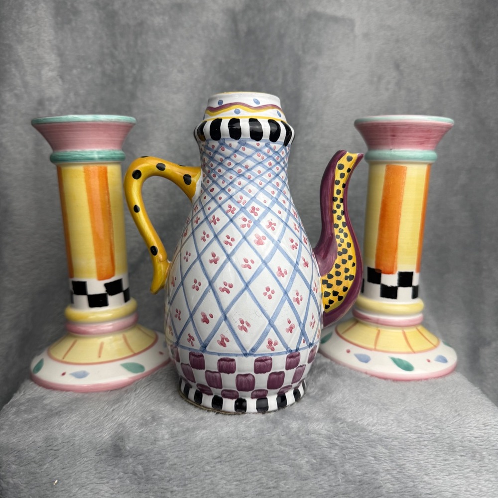 Hand Painted Checkered Lattice Ceramic Pitcher Vase & Taper Candle Set Pastel